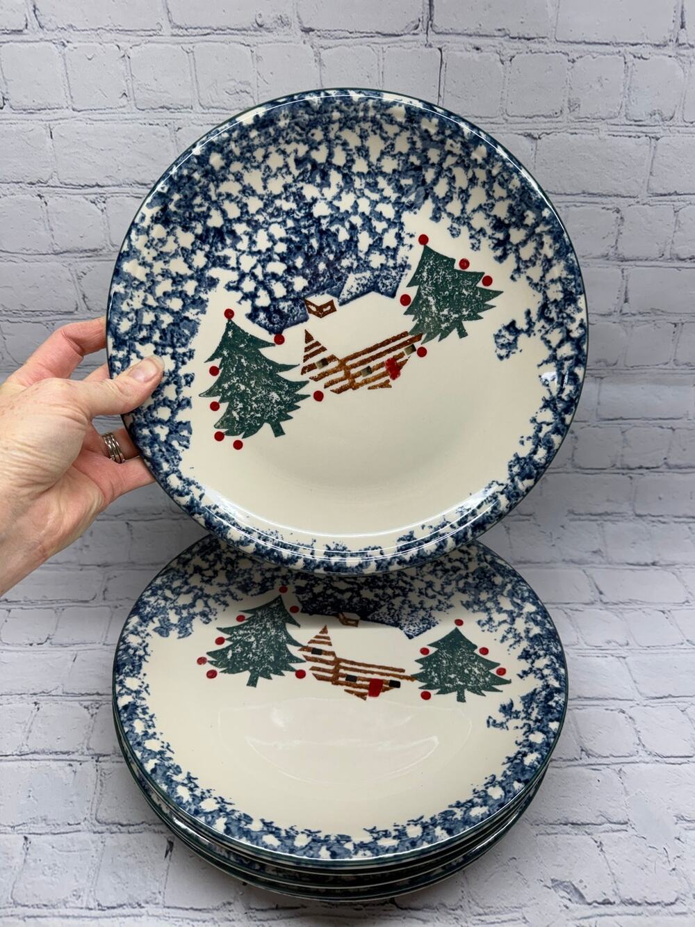 Vintage Tienshan Folkcraft Cabin in the Snow stoneware dinner plates
Set of 6!